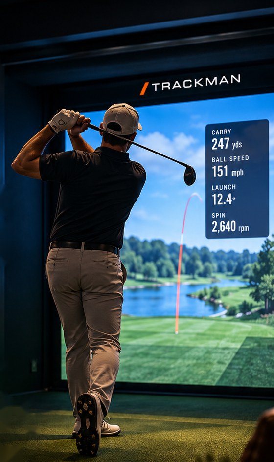 A golfer mid-swing in a Trackman simulator bay, with carry, ball speed, launch and spin shown on screen